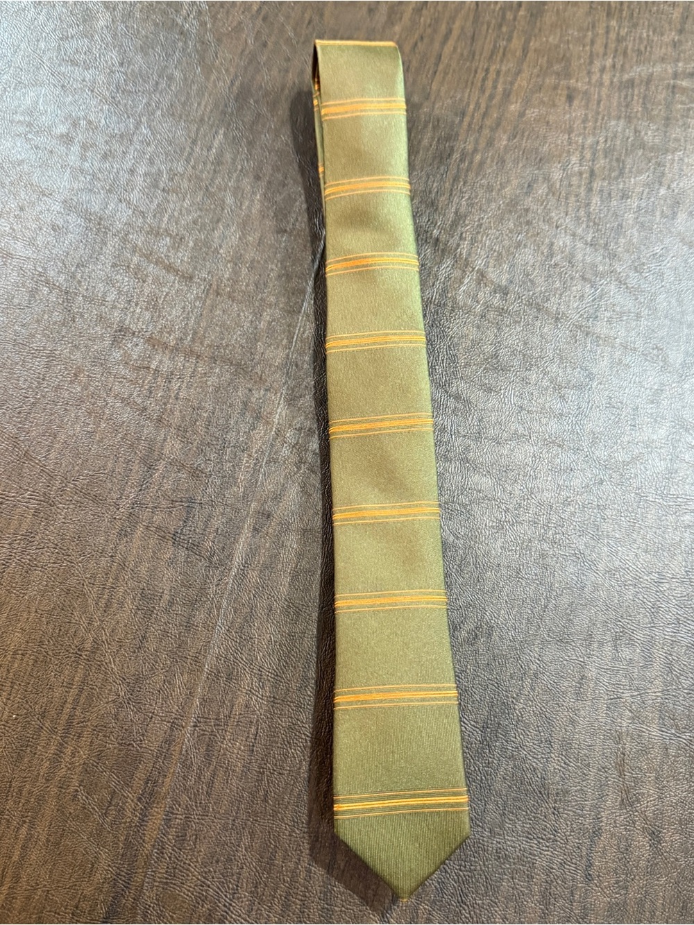 Olive Green Stripe Men's Tie Bar Tie Slim- Classic Formal 100% Silk